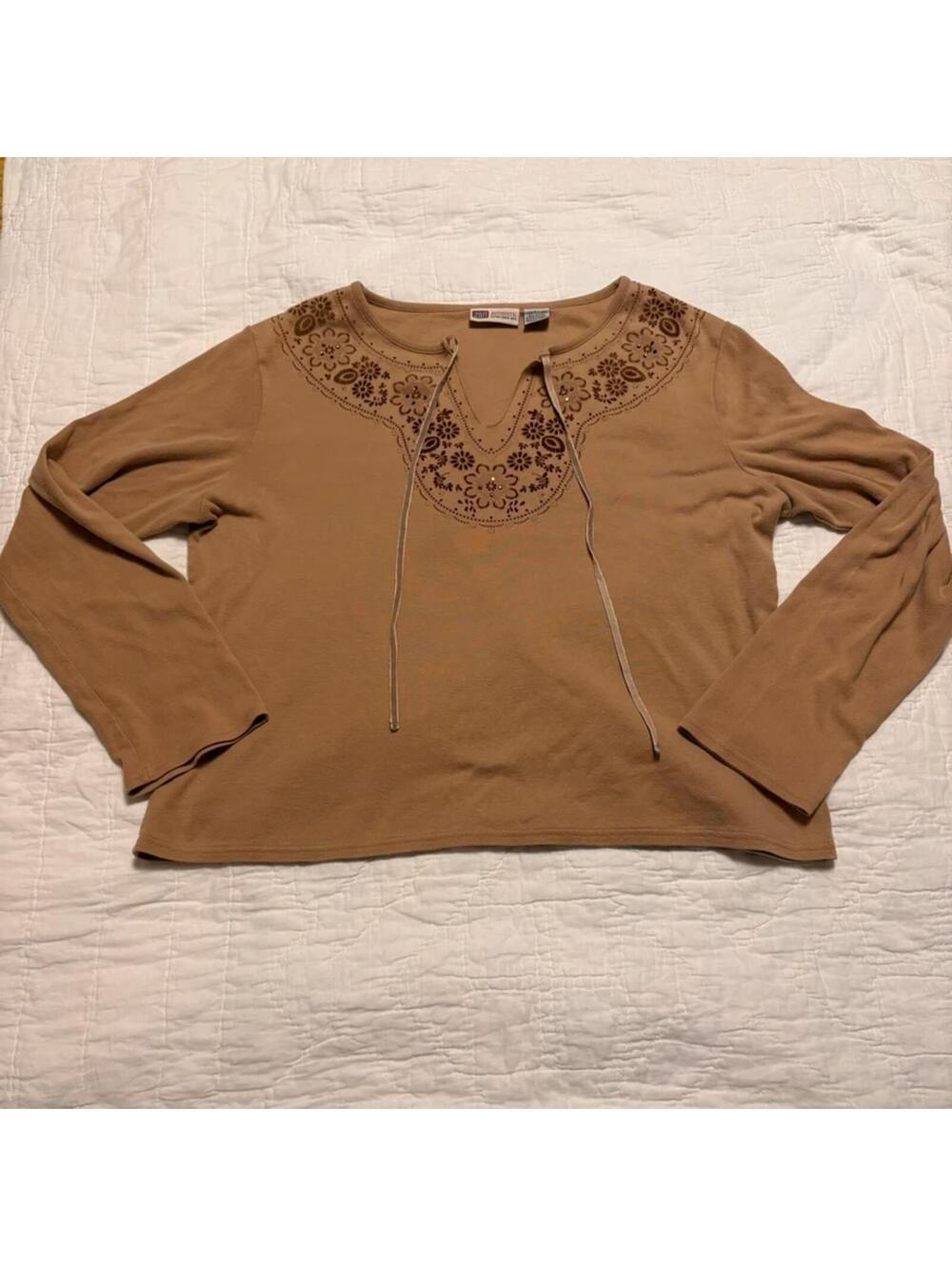 Vintage Faded Glory Y2K Boho Top XL Brown Rhinestone Detail 100% Cotton